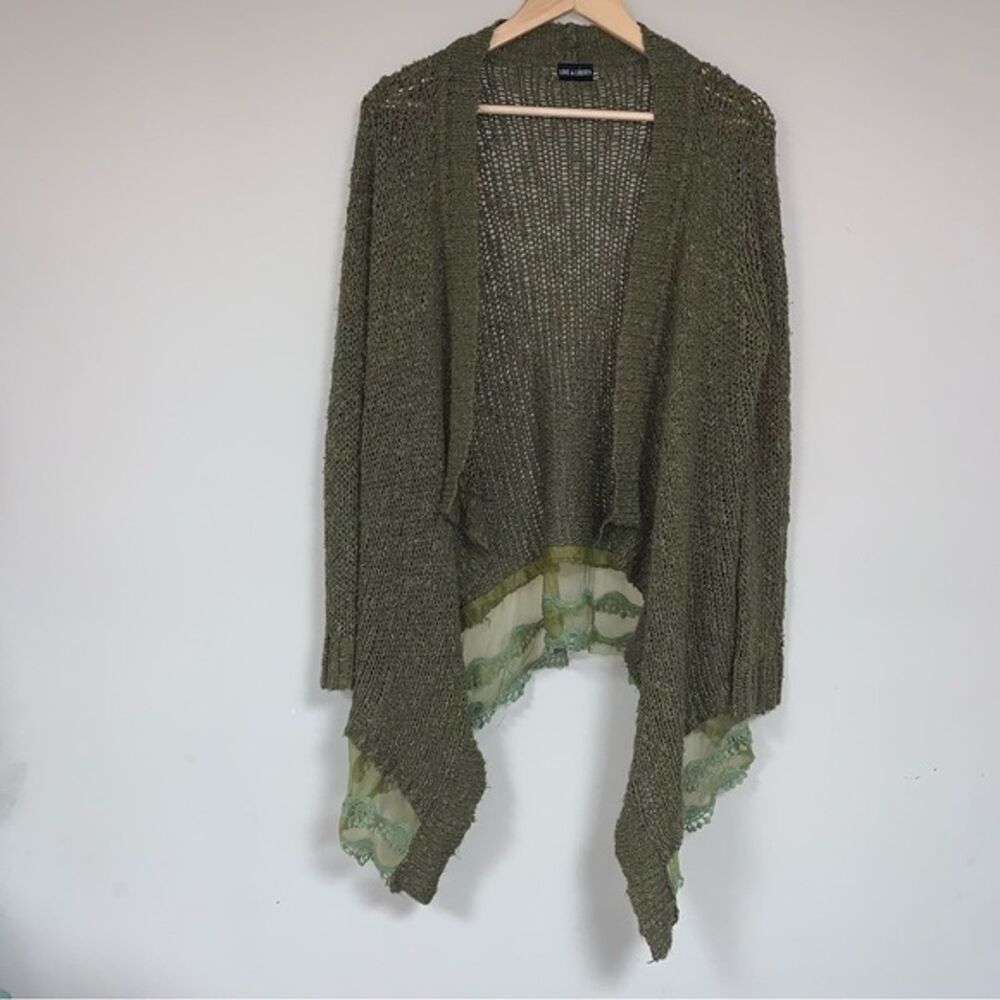 LOVE & LIBERTY Johnny Was Boho Cardigan Women’s Medium Green Knit Waterfall Lace